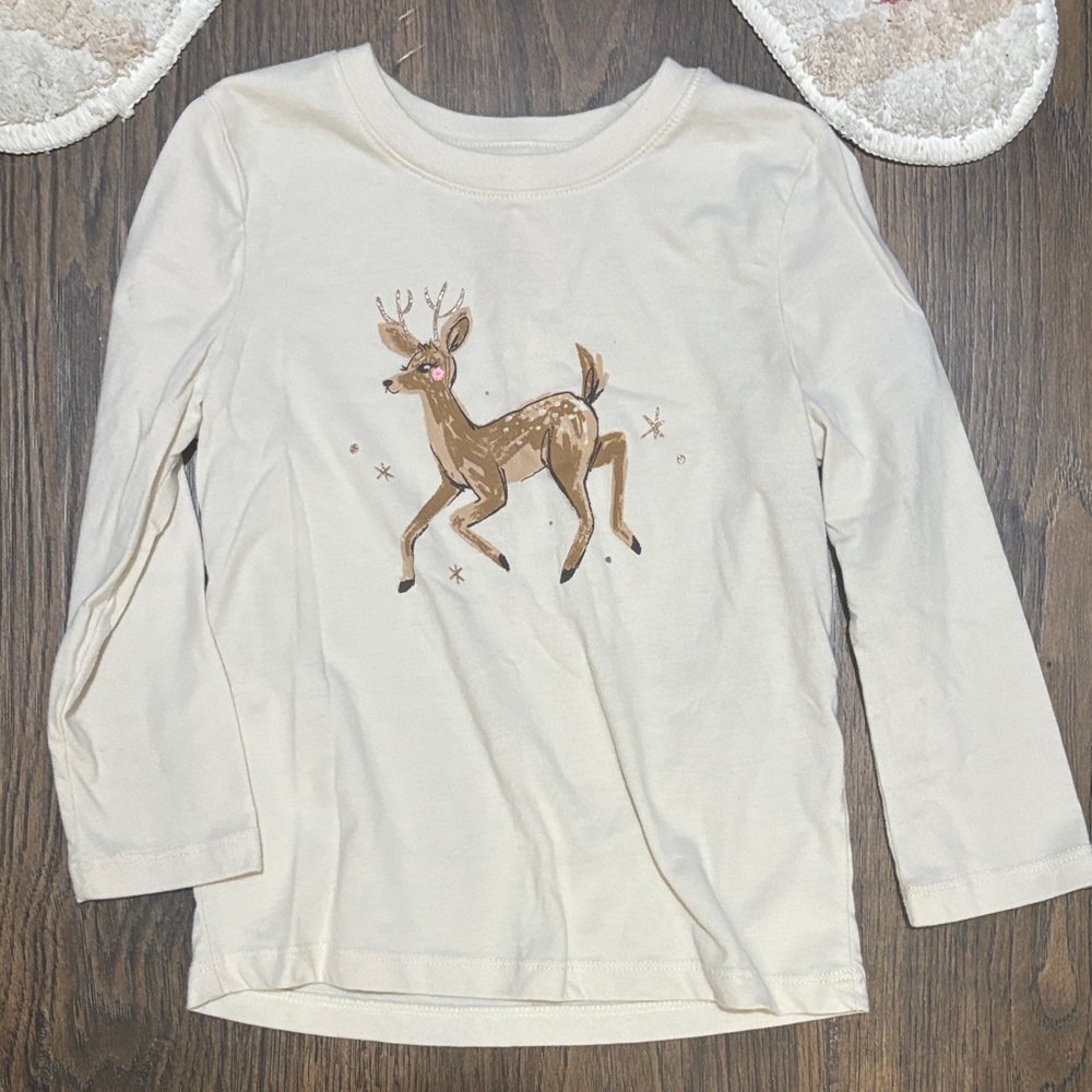 Cat & Jack Cream Long Sleeve Shirt with Deer Design